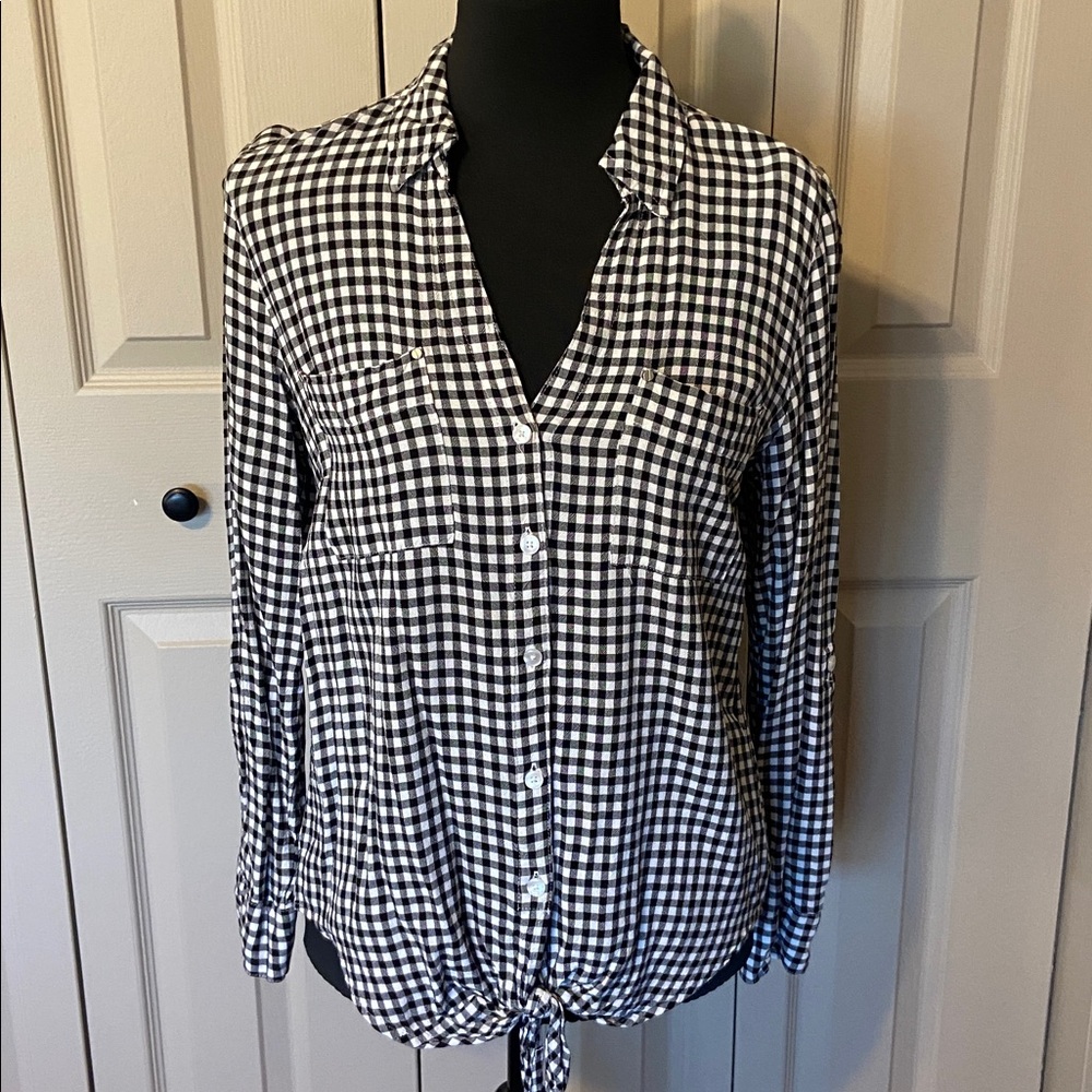 Jones New York Rolled Sleeve Front Tie Baby Gingham Shirt Women’s Medium